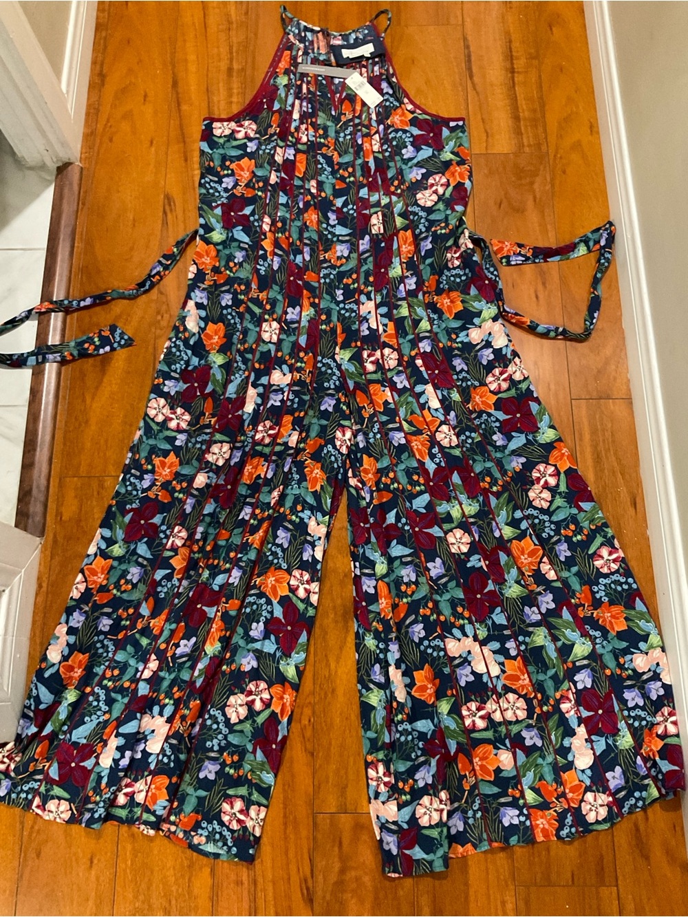 Anthropologie Navy Floral Halter Jumpsuit with Multicolor Blooms